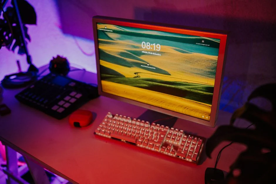 A contemporary workspace with two computer monitors showing web design projects, highlighting technology and productivity.